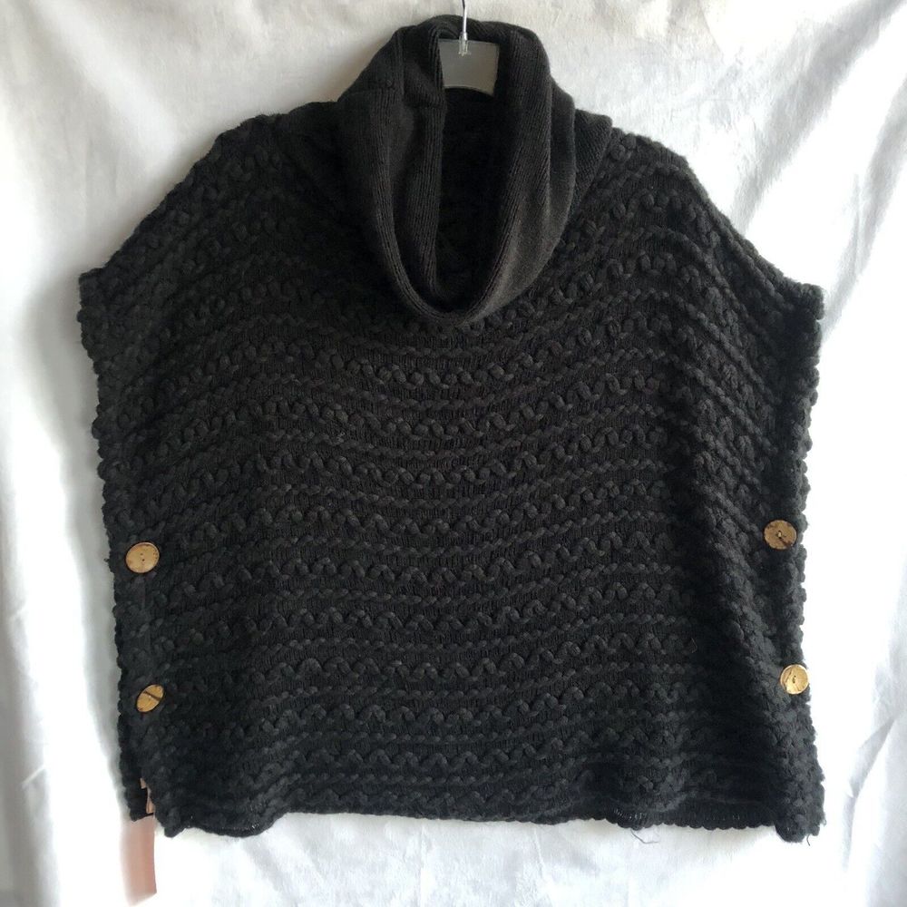 Love of Fashion LOF Black Sweater/Poncho, Cowl Neck Wooden Buttons, Loose Weave